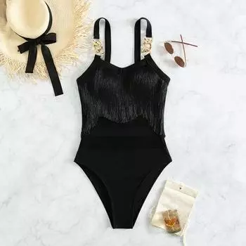 Женский сексуальный монокини слинг без рукавов с кисточками и декором купальник с сеткой и открытой спиной, цельный S королевский синий
