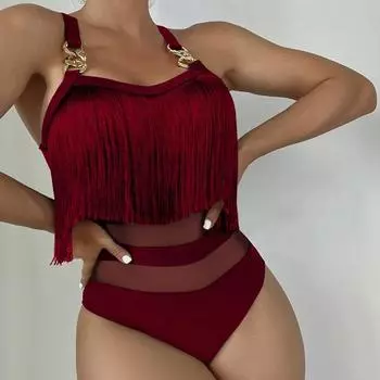Женский сексуальный монокини слинг без рукавов с кисточками и декором купальник с сеткой, с открытой спиной, цельный бикини S