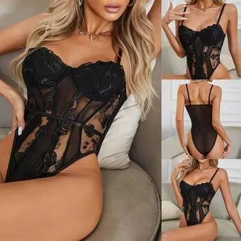 Женский сексуальный облегающий комбинезон из кружева с розой ветров Ins Pure Desire M чёрный