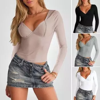 Женский сексуальный облегающий однотонный топ с V-образным вырезом и длинными рукавами S чёрный