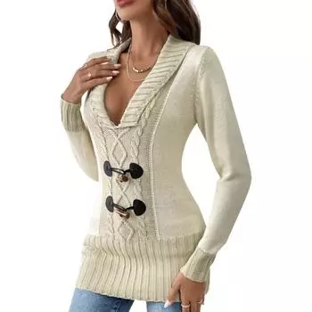 Женский сексуальный облегающий трикотажный свитер с V-образным вырезом, средней и длинной длины с витым цветочным узором, свитер с длинными рукавами, вязаный топ S белый