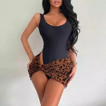 Женский сексуальный обтягивающий эластичный купальник-комбинезон, летний тонкий пляжный бикини, обтягивающий леопардовый короткая юбка, цельные купальники S чёрный