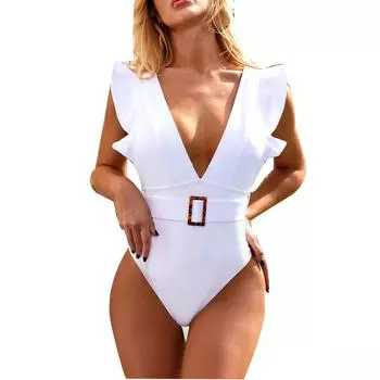 Женский сексуальный однотонный цельный купальник без рукавов с v-образным вырезом и рюшами, комплект бикини