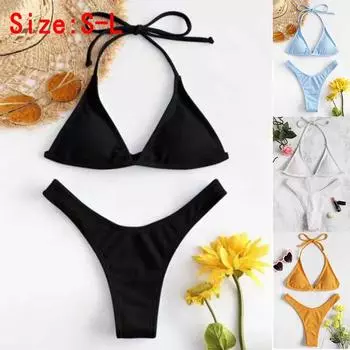 Женский сексуальный однотонный купальник-бикини Push Up с высоким вырезом и шнуровкой, комплект бикини с бретельками через шею, двухсекционный купальник SL S синий