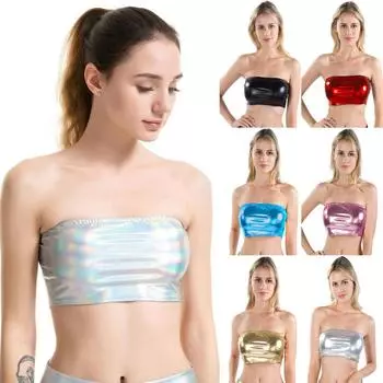 Женский сексуальный однотонный топ для ночного клуба Laser Tube Top, стильный мягкий глянцевый блестящий обтягивающий грудь танцевальный сценический костюм для вечеринки L
