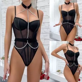 Женский сексуальный однотонный удобный комбинезон с металлической полосой и тонким ремешком L чёрный