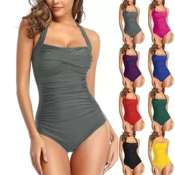 Женский сексуальный печатный винтажный купальник с рюшами и подвесными бретелями на шее плюс размер купальника L зелёный