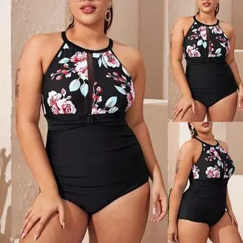 Женский сексуальный повседневный модный цельный купальник с круглым вырезом и принтом XXXXL чёрный