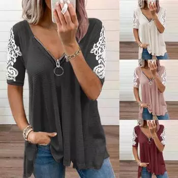 Женский сексуальный повседневный топ с v-образным вырезом на молнии и однотонным кружевным рукавом XXL чёрный