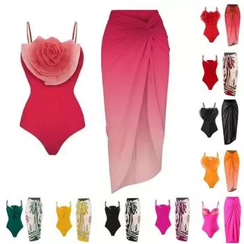 Женский сексуальный приталенный комплект из двух частей с купальником с принтом и длинной юбкой L чёрный