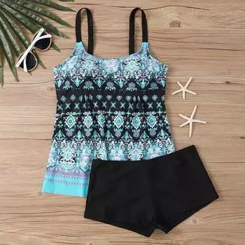 Женский сексуальный приталенный купальник с принтом на слинге и раздельном бикини плюс размер купальника (Два куска) XL циан