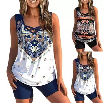 Женский сексуальный приталенный купальник с принтом на слинге и раздельном бикини плюс размер купальника (Два куска) XXXXL синий