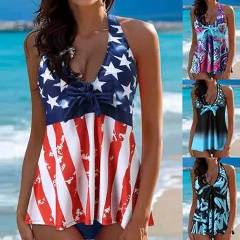 Женский сексуальный приталенный купальник с принтом и разрезом на шее, плюс размер купальника (Два куска) M