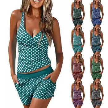 Женский сексуальный приталенный купальник в горошек с разрезом на слинге и бикини плюс размер купальника (Два куска) XXL циан