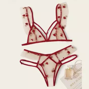 Женский сексуальный прозрачный красный костюм из двух частей с тонкой сеткой и вышивкой L