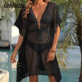 Женский сексуальный прозрачный кружевной асимметричный пляжный купальник-бикини с платьем на бретелях S чёрный