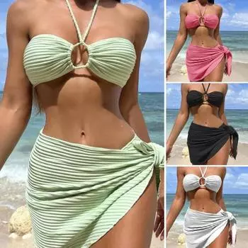 Женский сексуальный раздельный купальник, 3 шт./компл., однотонный плиссированный бюстгальтер с лямкой на шее, высокая талия, купальник на шнуровке, комплект бикини S чёрный