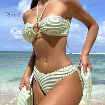 Женский сексуальный раздельный купальник, 3 шт./компл., однотонный плиссированный бюстгальтер с лямкой на шее, высокая талия, купальник на шнуровке, комплект бикини S чёрный