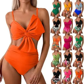 Женский сексуальный раздельный купальник, однотонный бант, высокая талия, раздельный купальник S чёрный