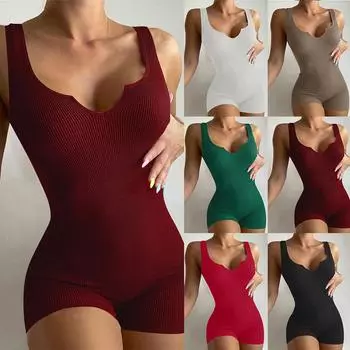 Женский сексуальный ребристый боди без рукавов, эластичный трико, шорты, комбинезон, комбинезон