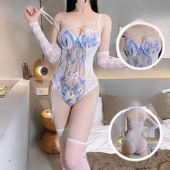 Женский сексуальный сетчатый комбинезон с вышивкой и открытым промежностным бельём jumpsuit (without gloves and socks), one size