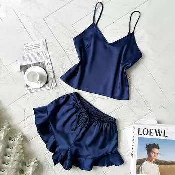 Женский сексуальный шелковый атласный пижамный комплект, летний топ с v-образным вырезом, эластичные шорты с рюшами на шнурке, дышащий легкий, мягкий, удобный однотонный комплект одежды для сна S