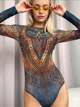 Женский сексуальный слитный купальник с принтом и V-образным вырезом L синий