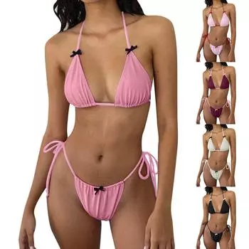 Женский сексуальный сплит-стиль, сплошной цвет, бикини SS, купальник с галстуком-бабочкой, комплект из 2 предметов L чёрный