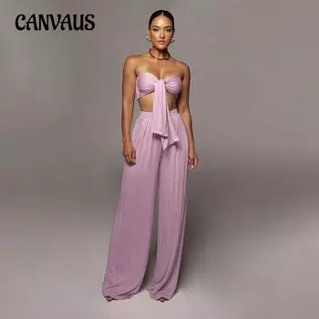 Женский сексуальный сплошной цвет с завязками, топ со средней талией, широкие брюки, модный повседневный костюм S жёлтый