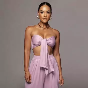 Женский сексуальный сплошной цвет с завязками, топ со средней талией, широкие брюки, модный повседневный костюм L абрикосовый