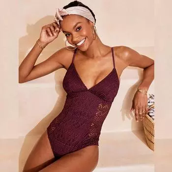 Женский сексуальный сплошной цветной кружевной цельный купальник с v-образным вырезом L синий