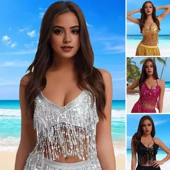 Женский сексуальный сверкающий топ с блестками и бахромой на бретельках без рукавов, бюстгальтер для танца живота в ночном клубе, блестящий бронзовый жилет озеро синий