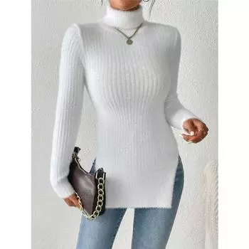 Женский сексуальный свитер осень-зима водолазка трикотажный подол разрез топ однотонный цвет S белый