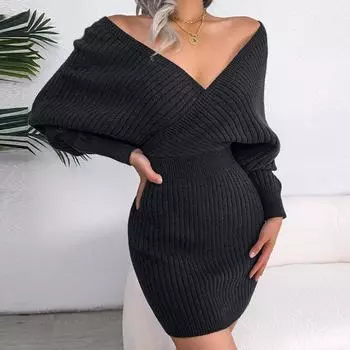 Женский сексуальный свитер с крестиком, V-образным вырезом, однотонный, с приподнятым хип-хоп-платьем, вечерние платья с длинным рукавом S синий