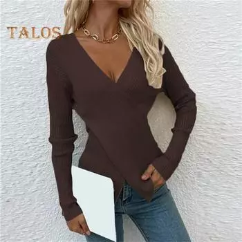 Женский сексуальный свитер с V-образным вырезом, облегающий свитер с длинным рукавом, мягкая дышащая ткань, свитер, осенняя одежда S чёрный