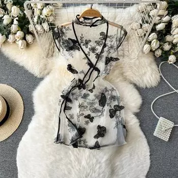 Женский сексуальный тонкий кружевной костюм с вышивкой бабочкой и разрезом, сетчатый прозрачный традиционный комплект Cheongsam с вышивкой в полоску One Size