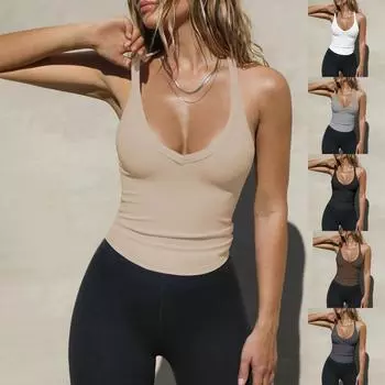 Женский сексуальный тонкий топ, однотонный пуловер с v-образным вырезом без рукавов, майка L бежевый