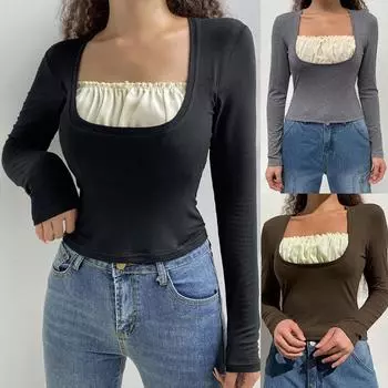 Женский сексуальный топ для девочек, поддельные двухсекционные рубашки с длинными рукавами, топы M чёрный