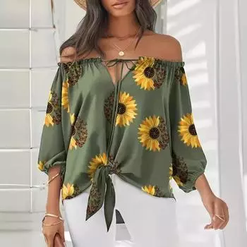 Женский сексуальный топ на одно плечо с завязками и принтом подсолнухов L зелёный