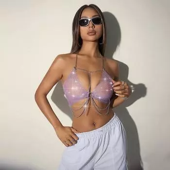 Женский сексуальный топ с открытой спиной и цепочкой для рыбалки с сетчатым верхом на лямках для секса XS