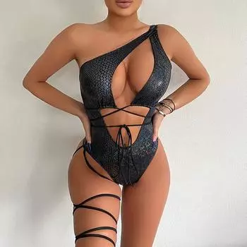 Женский сексуальный треугольный цельный купальник, летний купальник-стринги с завязками по бокам, наклонное одно плечо, эластичное бикини S чёрный