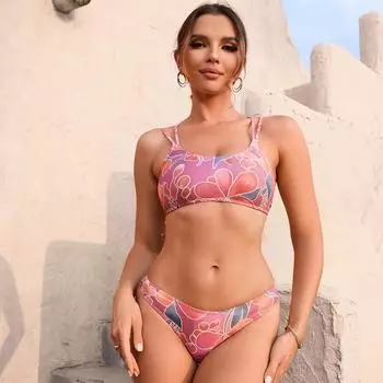 Женский сексуальный треугольный купальник большого размера с разрезом, комплект бикини с завязками сбоку, стринги, купальник с ремешком, топ с принтом, цвет S розовый