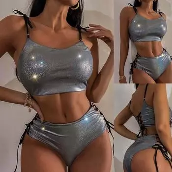 Женский сексуальный треугольный раздельный бикини-костюм, летний купальник с завязками по бокам, стринги, эластичное бикини на подтяжках S темно-серого