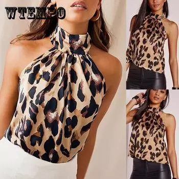 Женский сексуальный укороченный топ с леопардовым принтом и открытой спиной, атласные шелковые топы без рукавов, блузки, футболки S