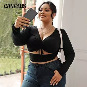 Женский сексуальный V-образный вырез с высоким чувством низа и узким коротким топом с длинными рукавами 1XL чёрный