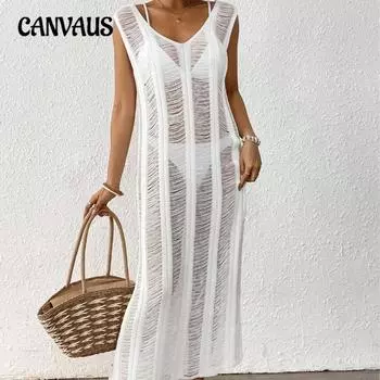 Женский сексуальный вырез на майке, пляжный бикини-халатик, свободное длинное платье One Size белый