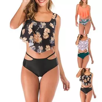 Женский сексуальный женский купальник с высокой талией и баской, купальник с принтом XL чёрный