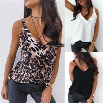 Женский сексуальный жилет без рукавов с глубоким V-образным вырезом и леопардовым принтом, блузка S чёрный