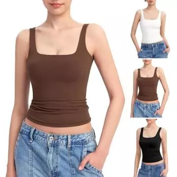 Женский сексуальный жилет без рукавов с квадратным вырезом, однотонный базовый цвет, облегающие топы для тренировок, майка с широким M чёрный