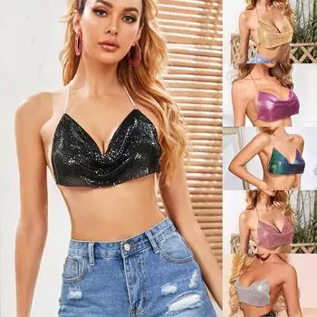 Женский сексуальный жилет с металлическими блестками и открытой спиной, топ на бретельках с цепочкой чёрный